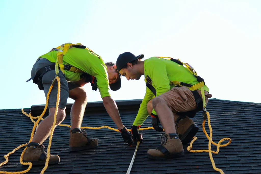 Professional roof repair and roof installation work on a modern residential property.