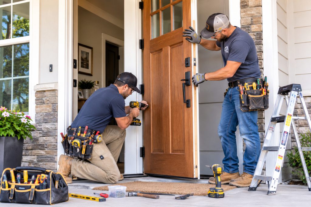Professional contractors installing a modern wooden front entry door at a home in Cary, NC.