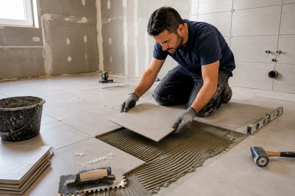 Professional tile flooring installation in a residential home by SkyRise Remodeling in Cary, NC.