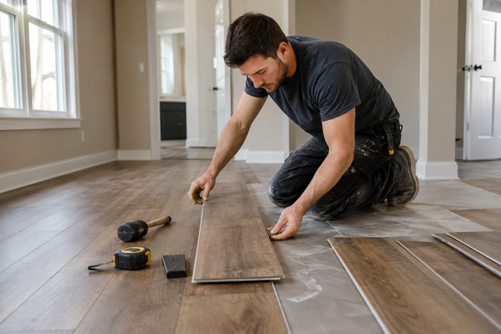 Professional flooring installer installing luxury vinyl plank flooring in a residential home in Cary, NC.