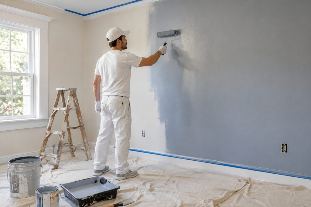 Professional painter applying fresh interior paint to a residential wall in Cary, NC.