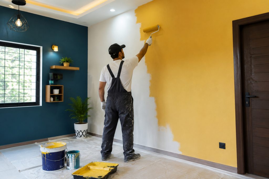 Professional painter applying fresh paint to an interior wall in a residential home in Cary, NC.