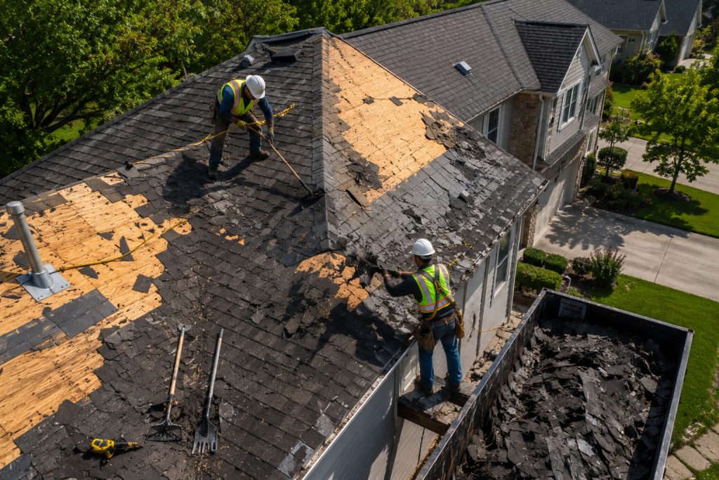 Professional roofing contractors replacing an asphalt shingle roof on a residential home in Cary, NC.